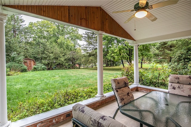 view of yard featuring a patio and ceiling fan