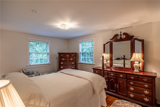 bedroom with multiple windows and dark hardwood / wood-style floors