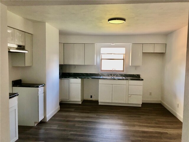 kitchen with dark hardwood / wood-style flooring, white cabinets, sink, and extractor fan