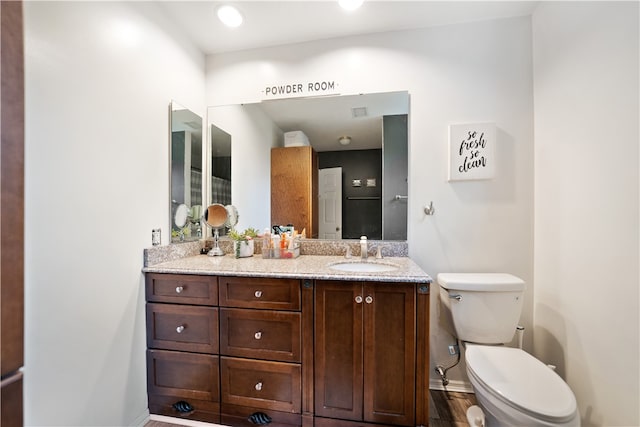 bathroom with wood-type flooring, vanity, and toilet