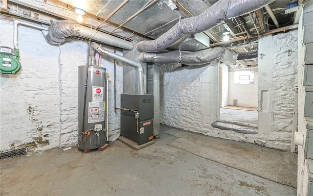 basement with heating unit and water heater