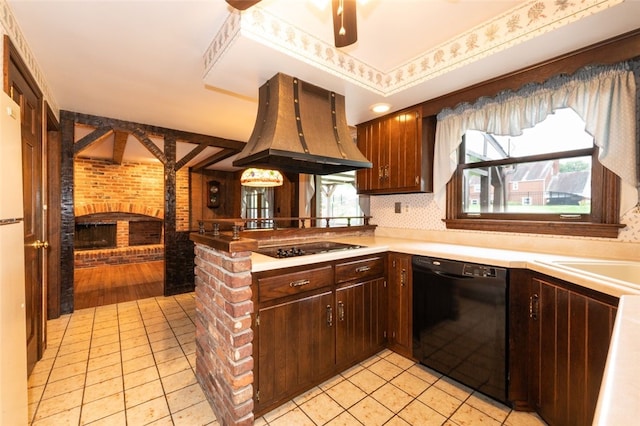 kitchen with kitchen peninsula, island range hood, dark brown cabinets, black appliances, and light wood-type flooring