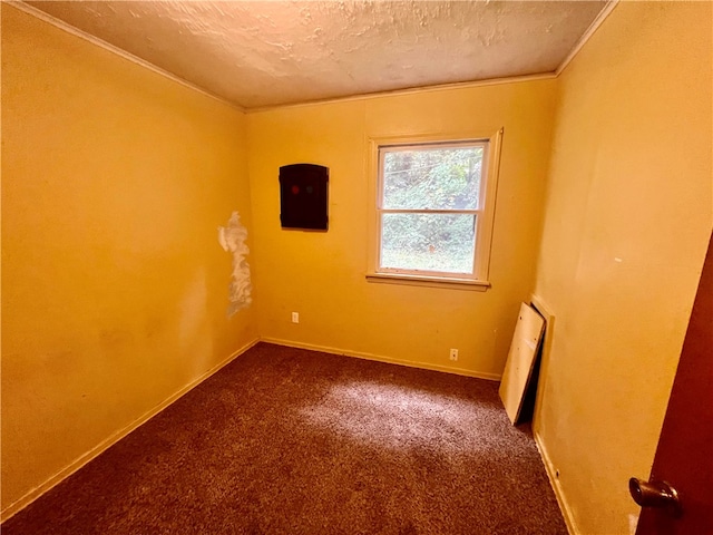 carpeted empty room with a textured ceiling, crown molding, electric panel, and radiator heating unit