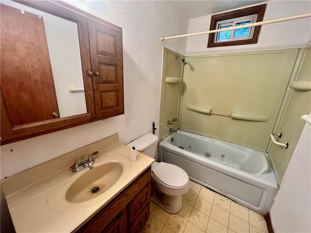 full bathroom with bathing tub / shower combination, vanity, and toilet