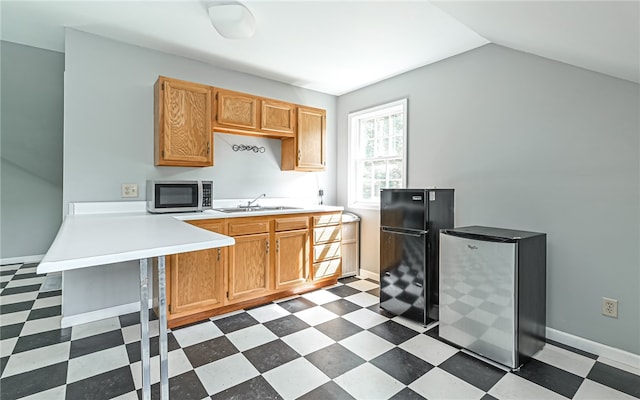 kitchen with vaulted ceiling, appliances with stainless steel finishes, and sink