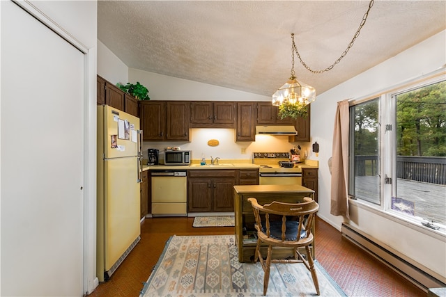 kitchen featuring sink, vaulted ceiling, hanging light fixtures, a baseboard radiator, and appliances with stainless steel finishes