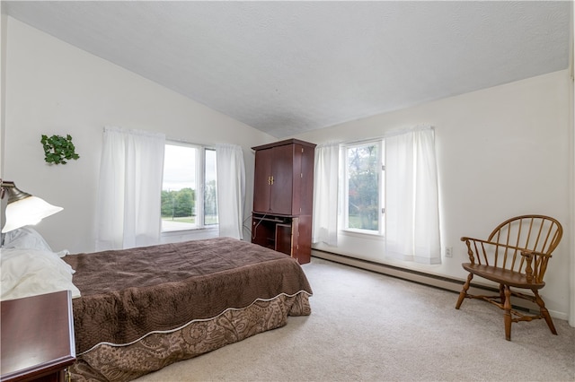 carpeted bedroom featuring lofted ceiling and a textured ceiling