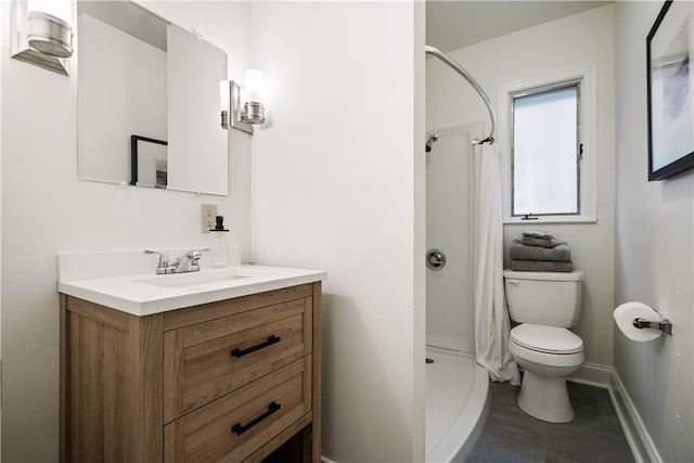 bathroom with toilet, vanity, curtained shower, and tile patterned flooring