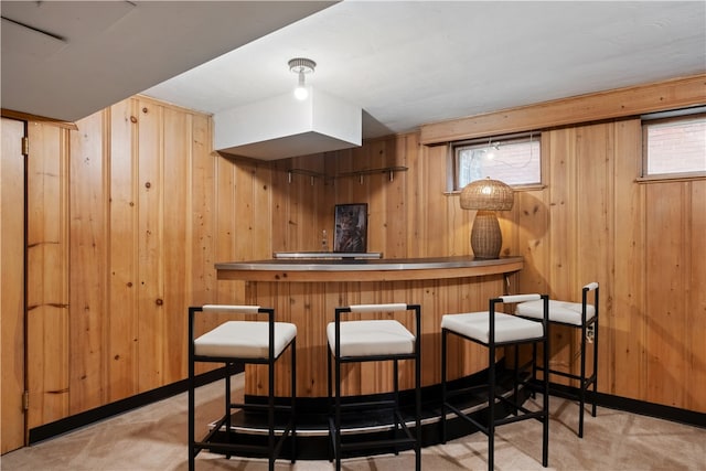 bar with wood walls, light colored carpet, and plenty of natural light