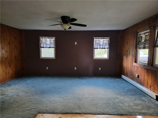 carpeted spare room featuring wood walls and plenty of natural light