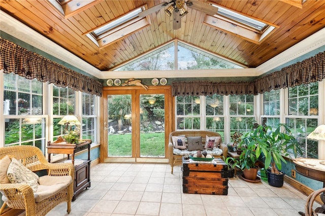 sunroom with a healthy amount of sunlight, lofted ceiling with skylight, and wood ceiling