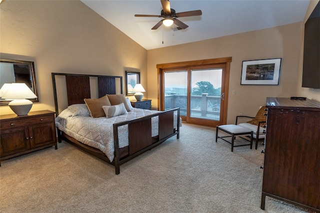 carpeted bedroom featuring ceiling fan, access to exterior, and high vaulted ceiling