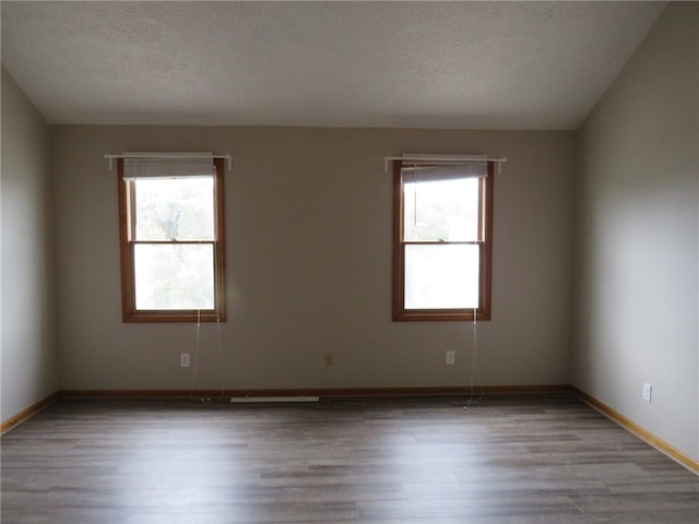 empty room featuring a textured ceiling, a healthy amount of sunlight, and light hardwood / wood-style flooring