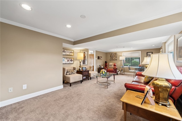 living room with crown molding and carpet flooring