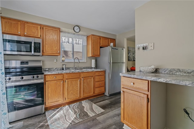 kitchen with stainless steel appliances, dark hardwood / wood-style floors, and sink