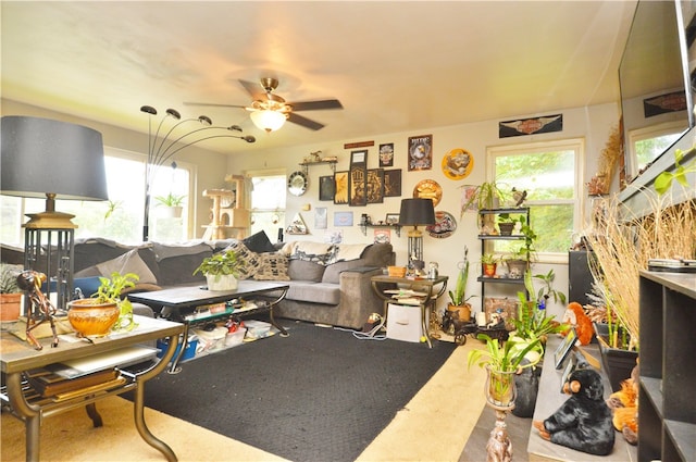 living room featuring carpet floors and ceiling fan