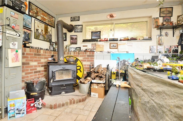 miscellaneous room featuring a wood stove