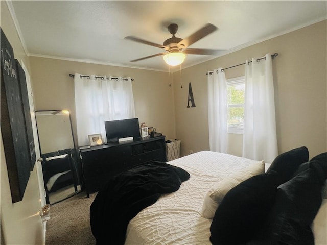 bedroom featuring ceiling fan and ornamental molding