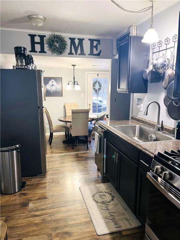 kitchen featuring crown molding, sink, hanging light fixtures, wood-type flooring, and stainless steel appliances