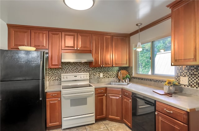 kitchen with sink, black appliances, light tile patterned floors, exhaust hood, and ornamental molding