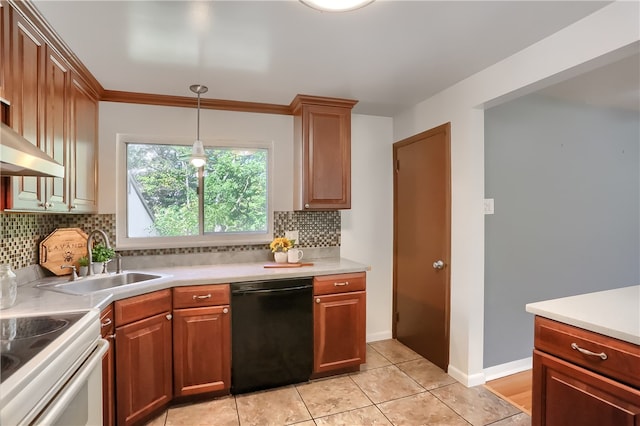 kitchen featuring decorative backsplash, sink, hanging light fixtures, and black dishwasher