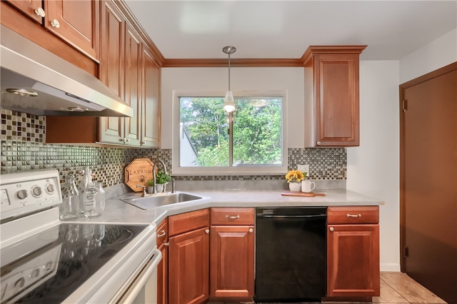 kitchen featuring electric range, dishwasher, sink, tasteful backsplash, and light tile patterned flooring