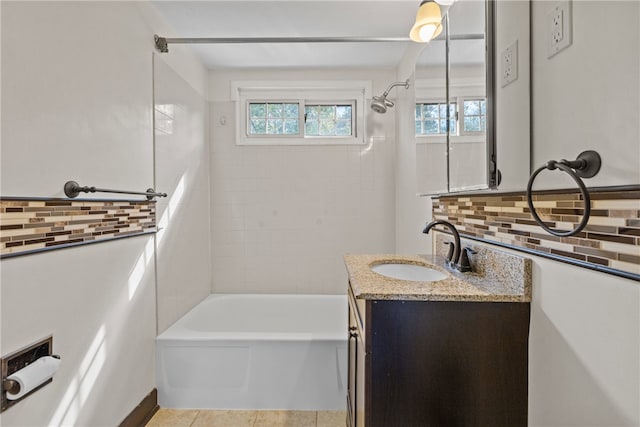 bathroom featuring backsplash, vanity, tile patterned floors, and tiled shower / bath