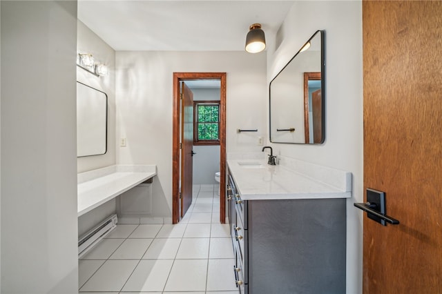 bathroom featuring tile patterned floors, vanity, toilet, and baseboard heating