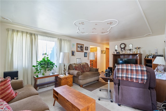 living room featuring light carpet