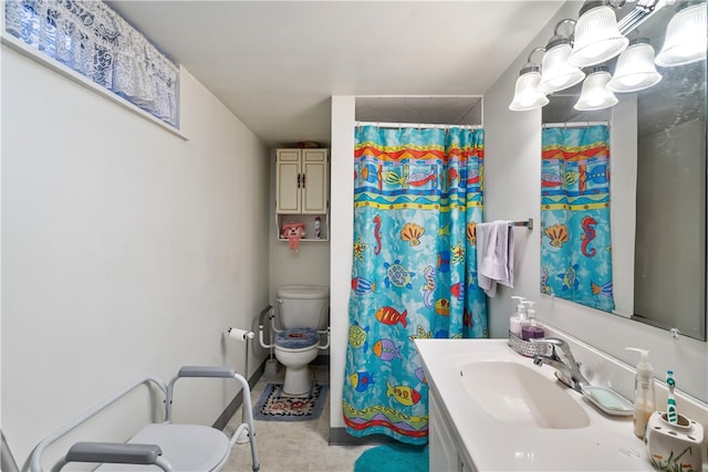 bathroom featuring walk in shower, vanity, and toilet