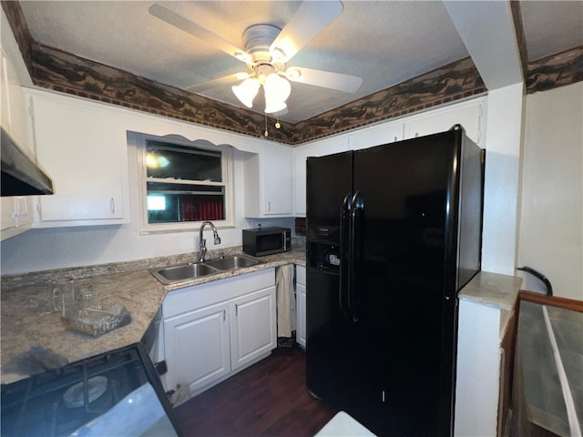 kitchen with ceiling fan, white cabinets, sink, dark wood-type flooring, and black appliances