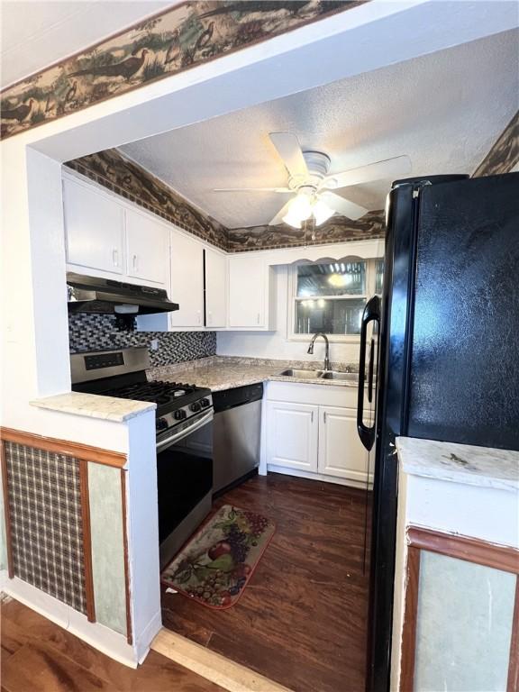 kitchen with white cabinetry, under cabinet range hood, dark wood-type flooring, appliances with stainless steel finishes, and a sink