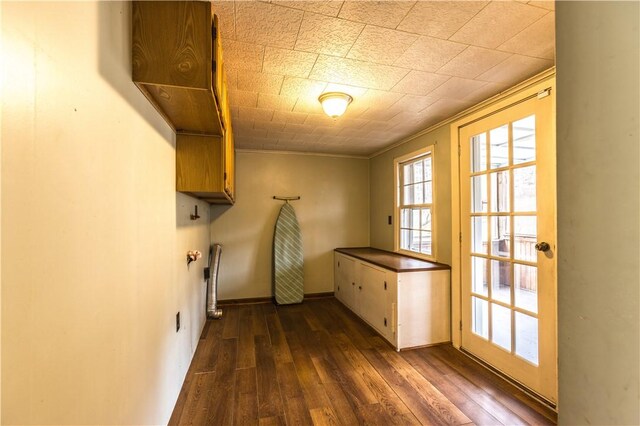 washroom featuring crown molding, dark hardwood / wood-style floors, and cabinets