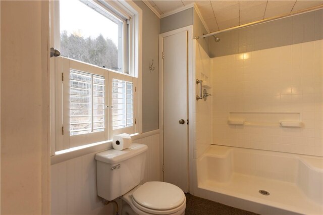 bathroom with crown molding, a healthy amount of sunlight, toilet, and a shower