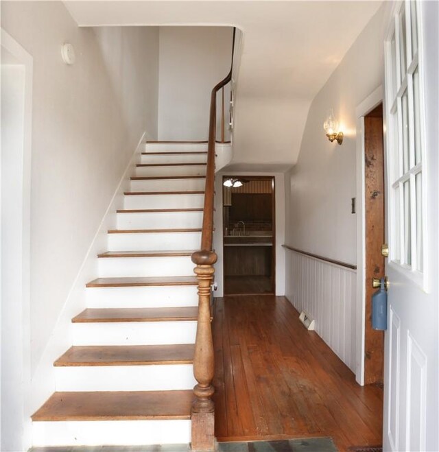 staircase with hardwood / wood-style flooring