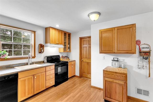 kitchen featuring light hardwood / wood-style floors, sink, and black appliances