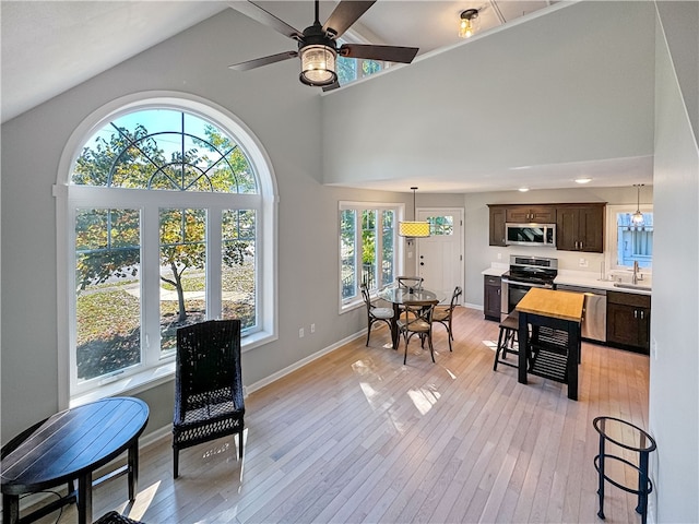 interior space featuring dark brown cabinets, appliances with stainless steel finishes, and plenty of natural light