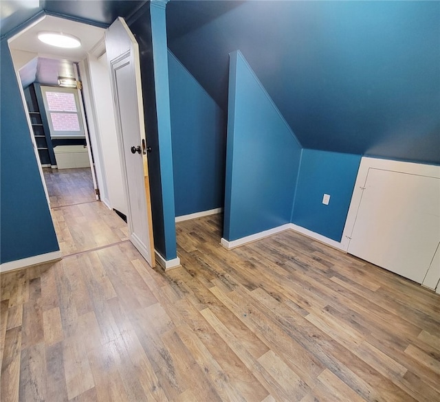 additional living space with light wood-type flooring and vaulted ceiling