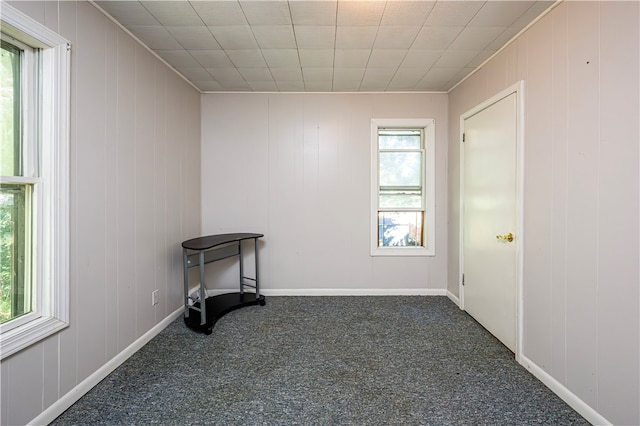 empty room featuring a healthy amount of sunlight, wooden walls, and dark carpet