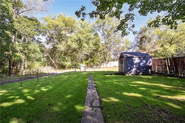 view of yard featuring a storage shed