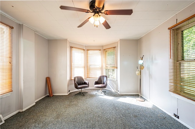 unfurnished room featuring carpet, ornamental molding, and ceiling fan