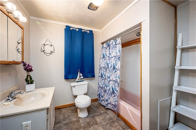 full bathroom with vanity, crown molding, toilet, and shower / bathtub combination with curtain