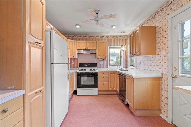 kitchen featuring white appliances, light brown cabinetry, hanging light fixtures, and a healthy amount of sunlight