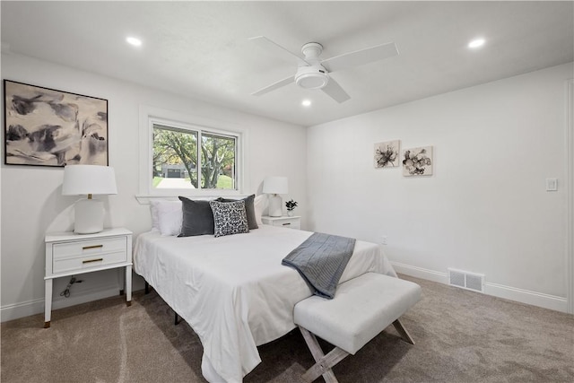 carpeted bedroom featuring ceiling fan