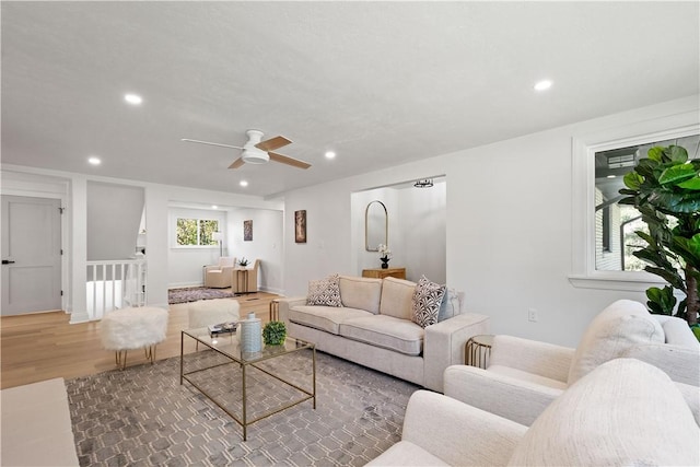 living room with ceiling fan and wood-type flooring