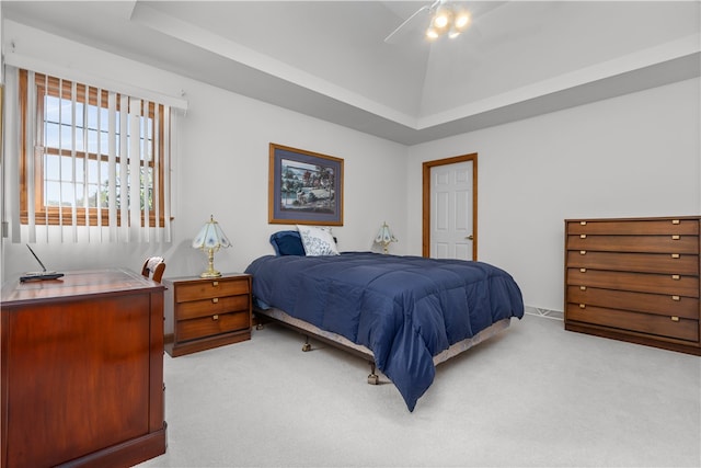 carpeted bedroom featuring a tray ceiling