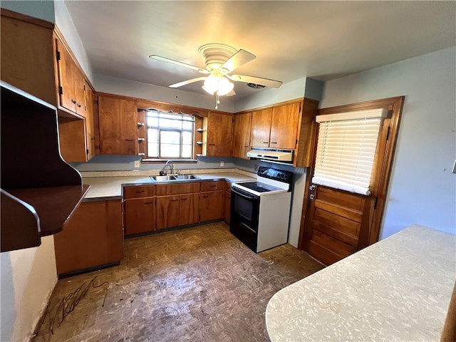 kitchen with white electric range oven, sink, exhaust hood, and ceiling fan