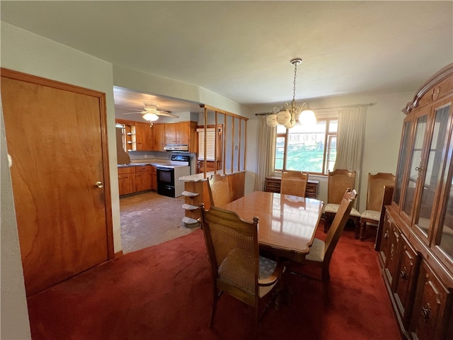 carpeted dining space with ceiling fan with notable chandelier