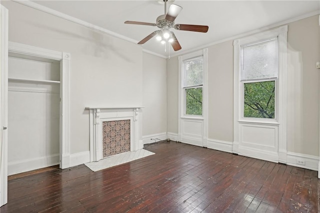 5972 Alder St, Shadyside, PA 15232 - unfurnished living room featuring hardwood / wood-style floors, a fireplace, ceiling fan, ornamental molding, and baseboards