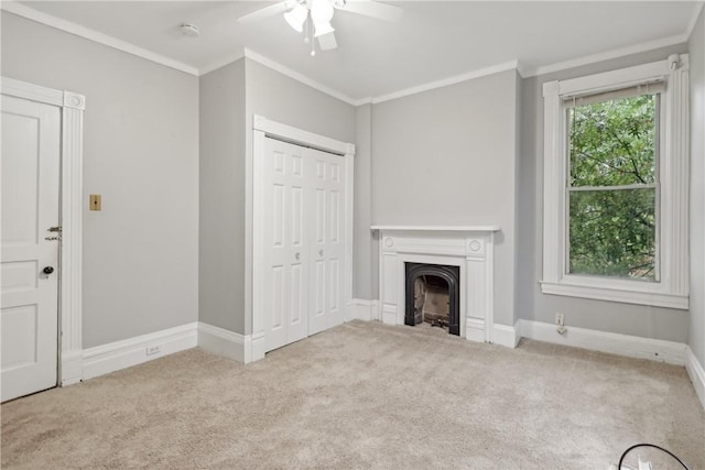 5972 Alder St, Shadyside, PA 15232 - unfurnished living room with crown molding, a ceiling fan, carpet, a fireplace, and baseboards